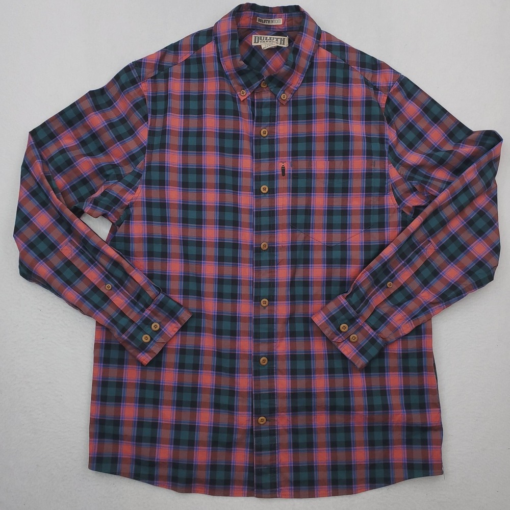 Duluth Trading Shirt Men Large Red Plaid Untucked Slim Fit Stretch Button Down
